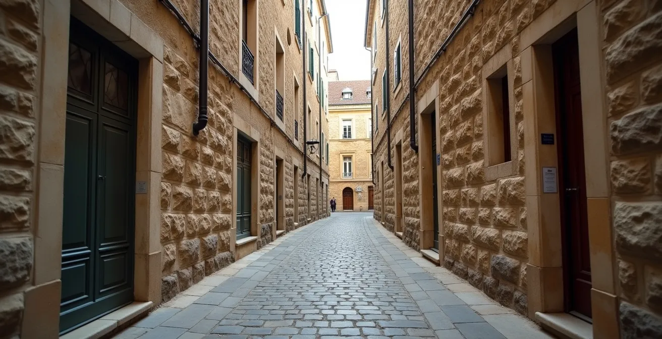 Rue étroite typique du centre historique avec contraintes d'accès