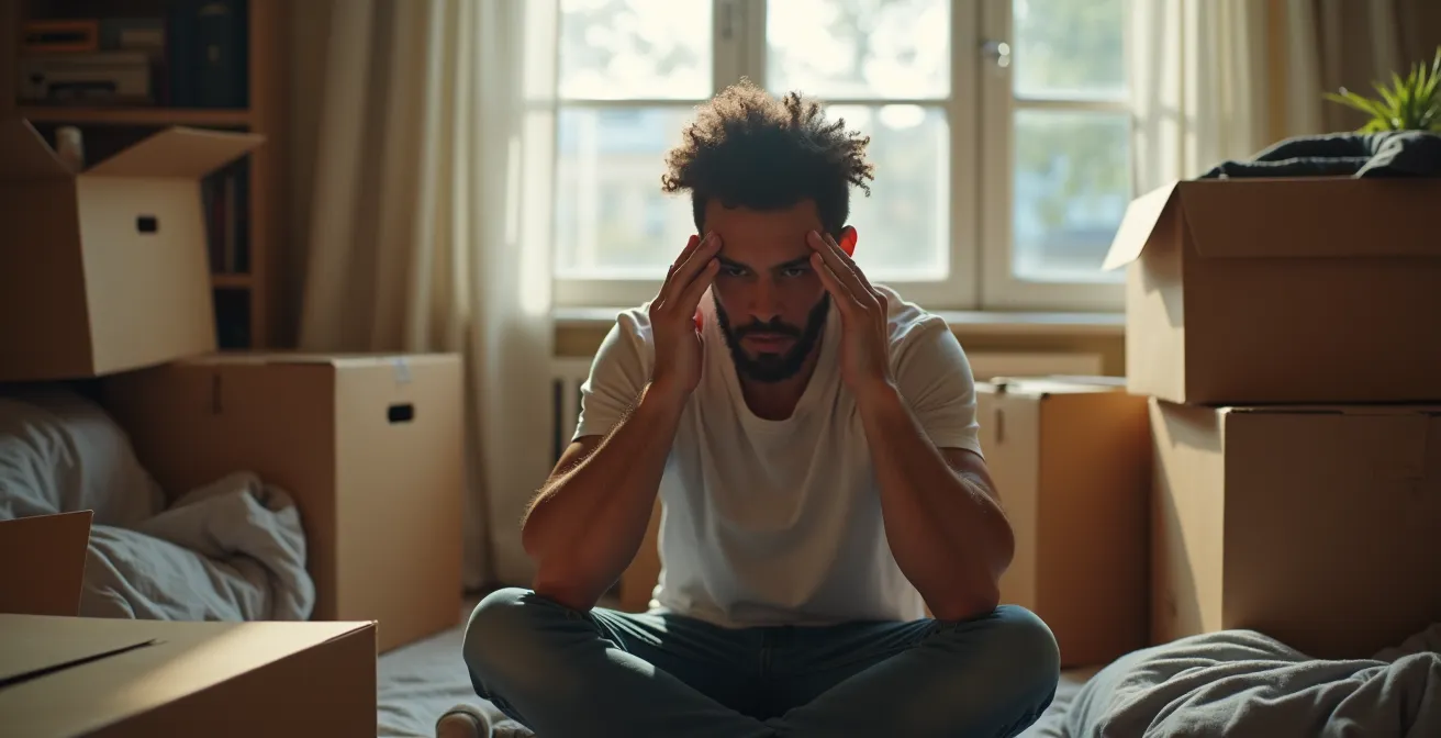 Personne seule entourée de cartons, montrant le stress du déménagement