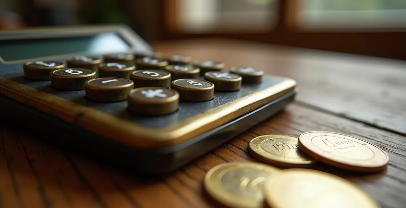 Calculatrice et pièces de monnaie illustrant le calcul de rentabilité entre achat et location