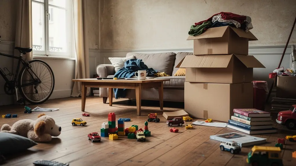 Salon d'appartement strasbourgeois encombré avec cartons et vélo stockage