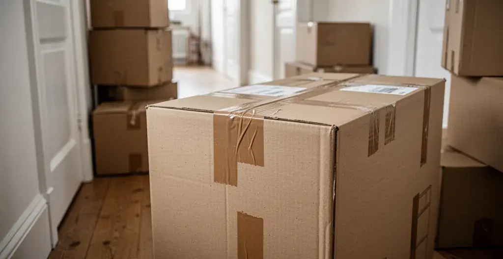 Carton de déménagement fermé avec technique en H visible et ruban adhésif havane