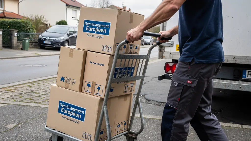 Déménageur chargeant des cartons personnalisés sur un chariot vers un camion