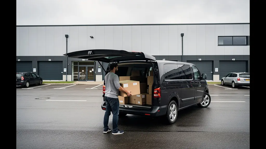 Bâtiment moderne de self-stockage avec parking et véhicule utilitaire à Strasbourg