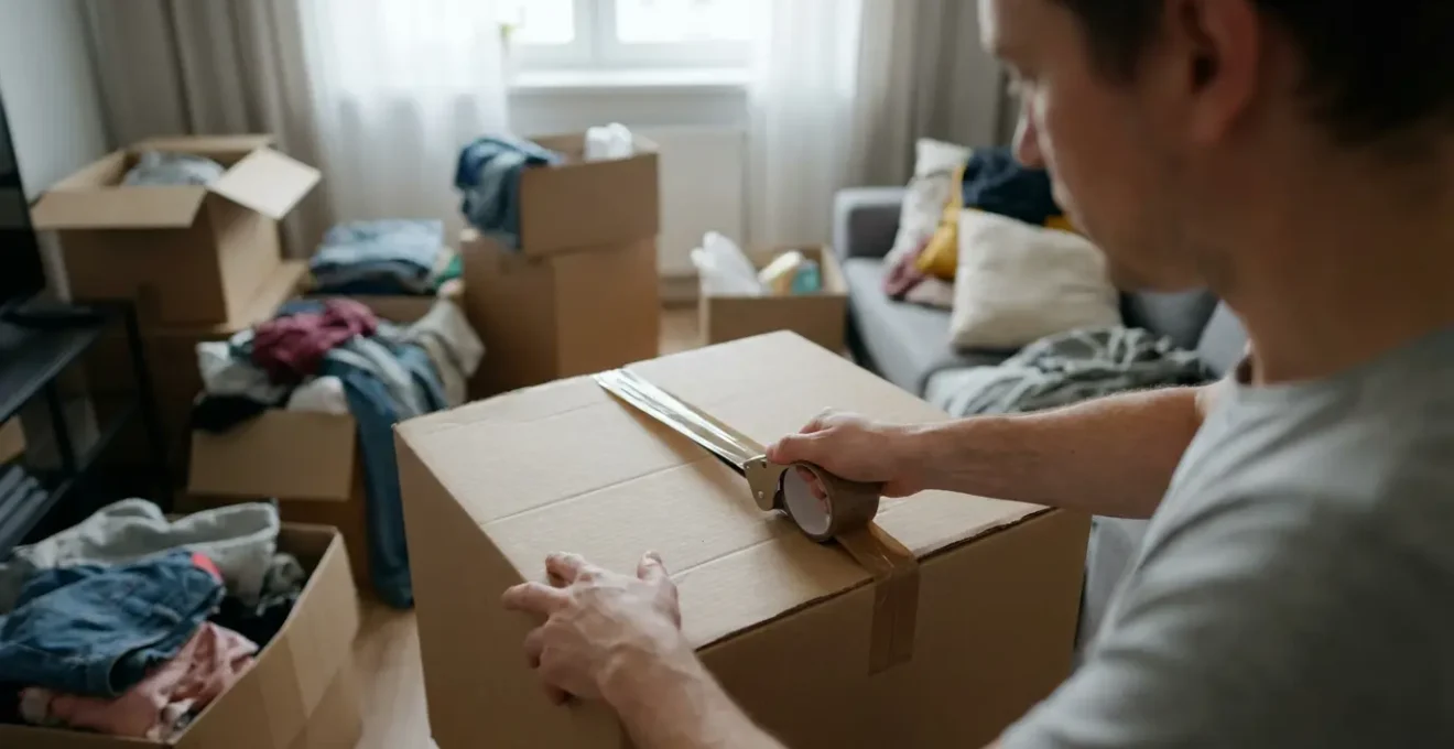 Personne fermant un carton de déménagement avec ruban adhésif havane dans un salon