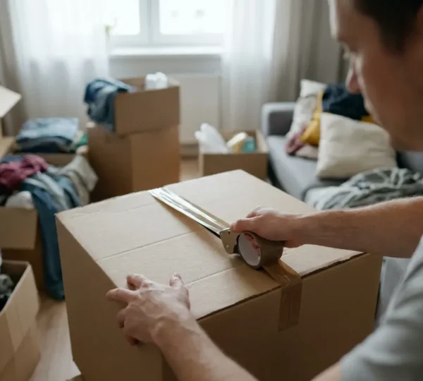 Personne fermant un carton de déménagement avec ruban adhésif havane dans un salon