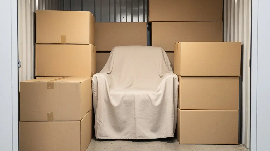 Box de stockage bien rangé avec cartons et meubles protégés pour déménagement