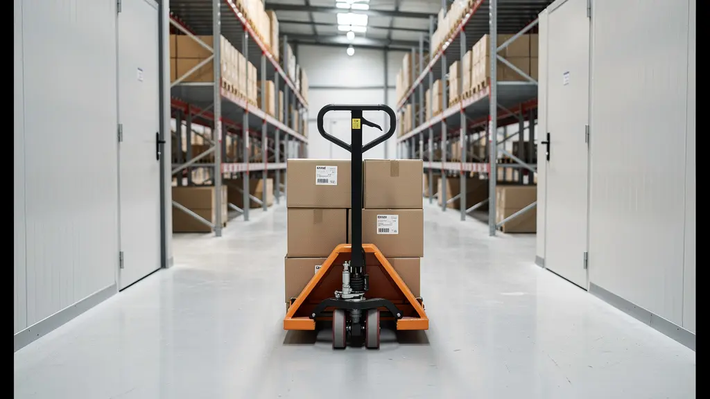 Diable de manutention et chariots dans un couloir de centre de stockage