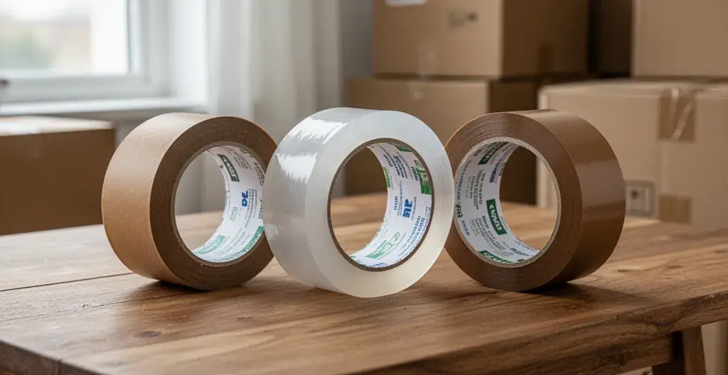 Trois rouleaux de ruban adhésif kraft, PVC et polypropylène posés sur table