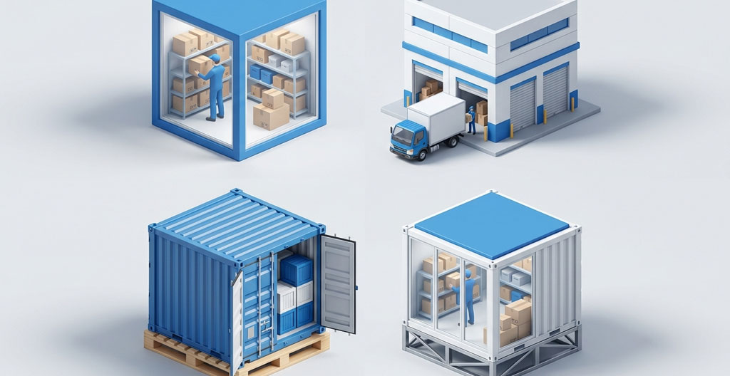 Quatre cubes isométriques représentant : 1) un box individuel (personne rangeant des cartons), 2) un garde-meuble traditionnel (camion devant entrepôt), 3) un conteneur maritime (sur pallet), 4) une solution hybride.
