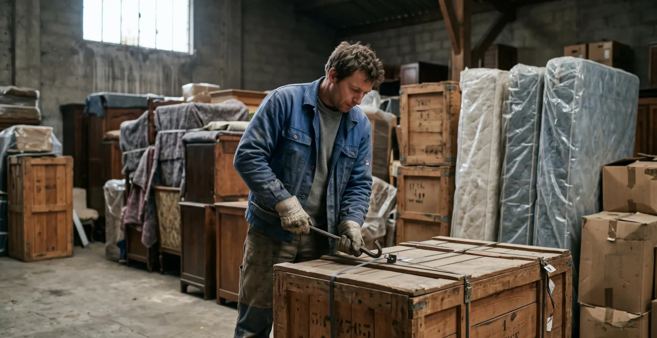 Un déménageur ouvre une caisse en bois dans un garde-meuble sombre.