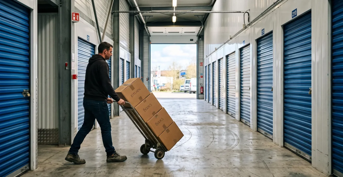 Un homme transporte des cartons avec un diable dans un couloir de box de stockage.