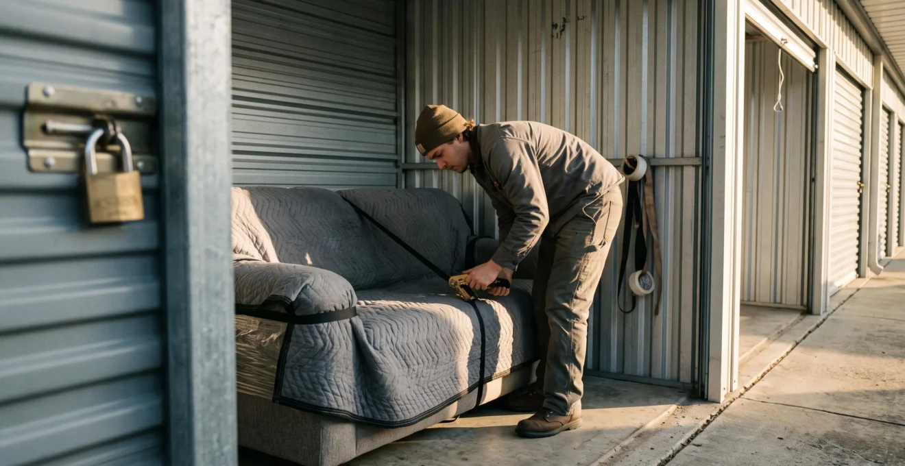 Une personne protège un canapé avec une couverture dans un box de stockage.